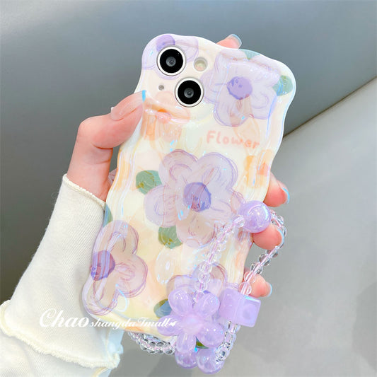 3D Colorful Oil Painting Exquisite Flower Graffiti Case For iPhone With Bracelet