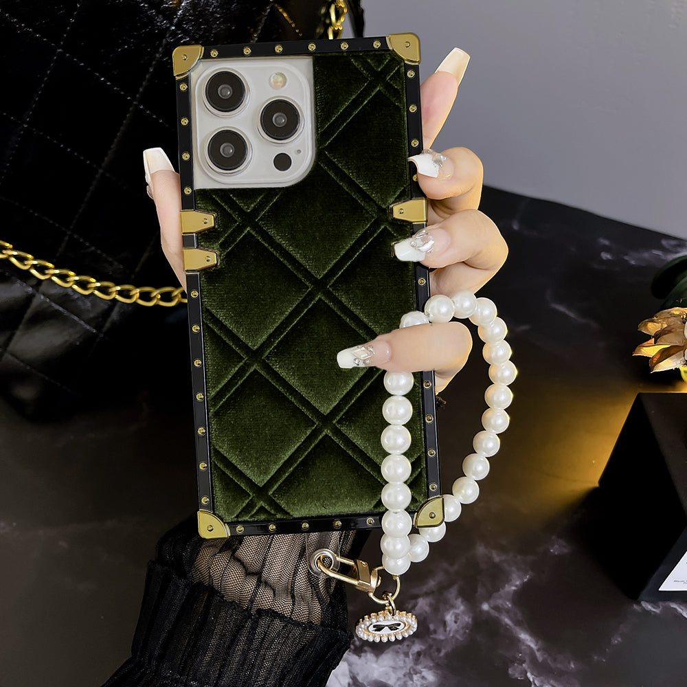 Luxury Velvet Case with Pearl Chain for iPhone and Samsung