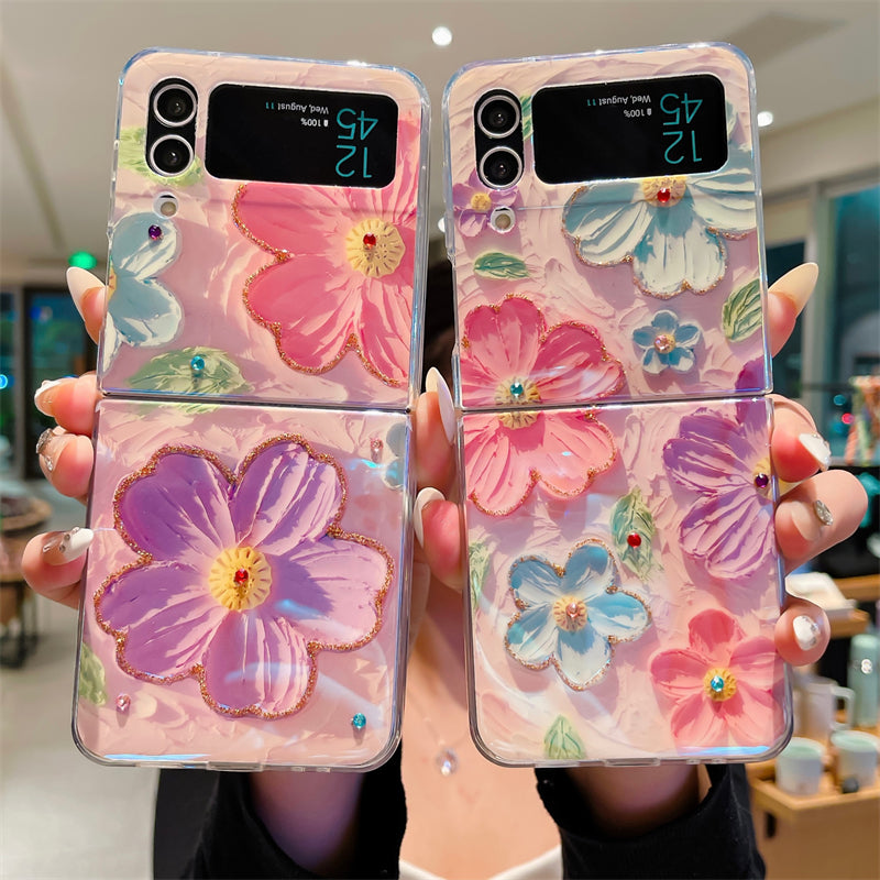 Ins Point Drilling Oil Painting Flowers For Samsung Galaxy Z Flip3/4 Folding Case