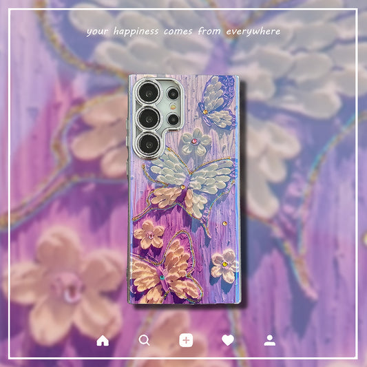 Ins Hot Oil Painting Butterfly Samsung/iPhone Case with Lens Protector Film