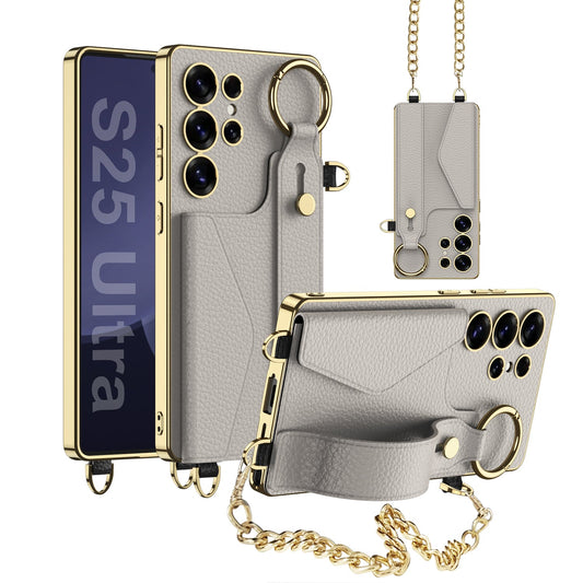 Electroplated Leather Wristband Card Holder Wallet Case for Galaxy S25 Ultra