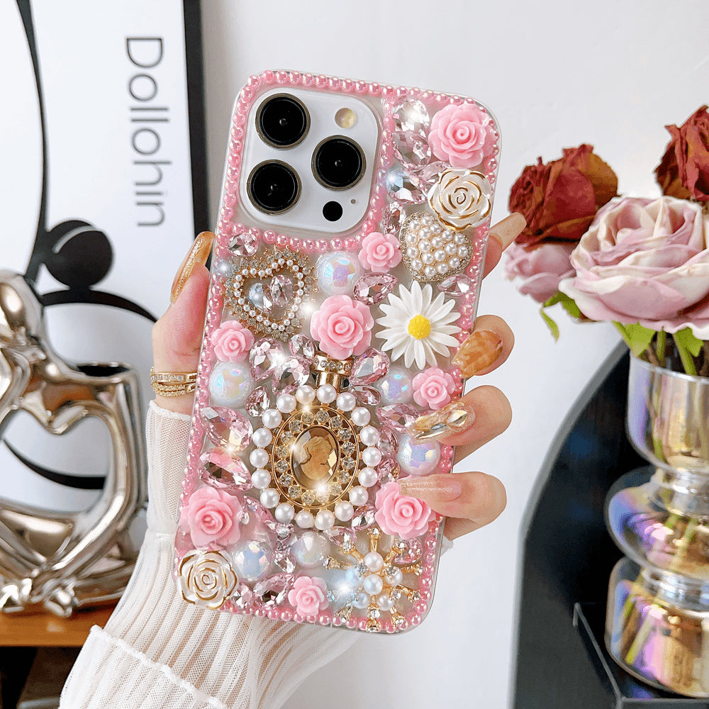 Glitter Diamond Pearl Crystal Rhinestones Flower Cover for iPhone and Samsung - Pink