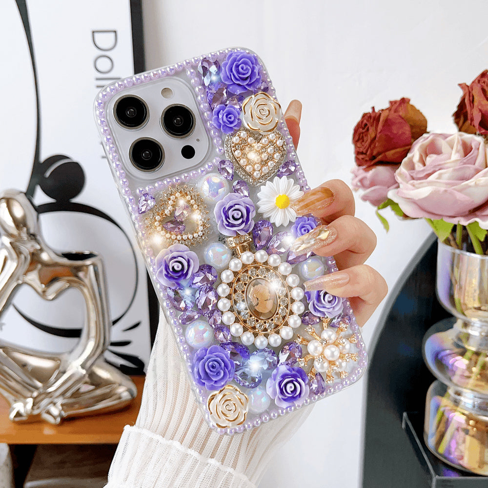 Glitter Diamond Pearl Crystal Rhinestones Flower Cover for iPhone and Samsung - Purple