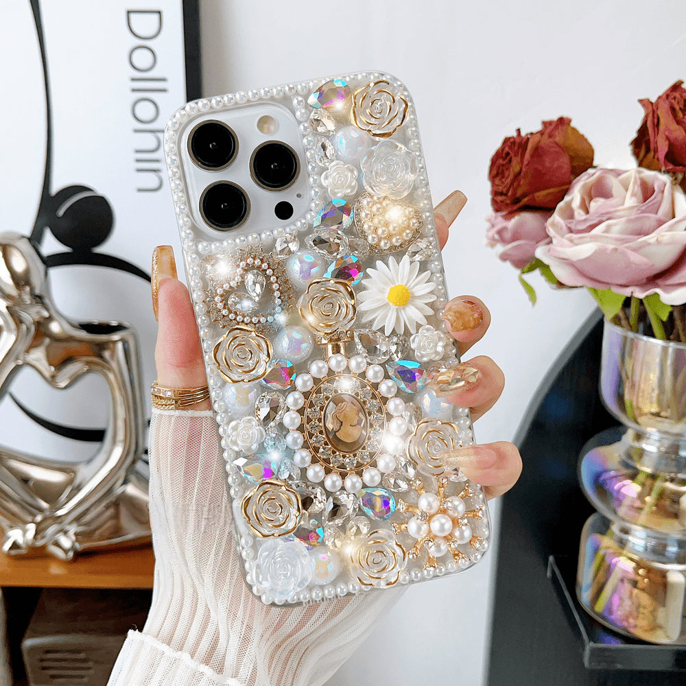 Glitter Diamond Pearl Crystal Rhinestones Flower Cover for iPhone and Samsung - White