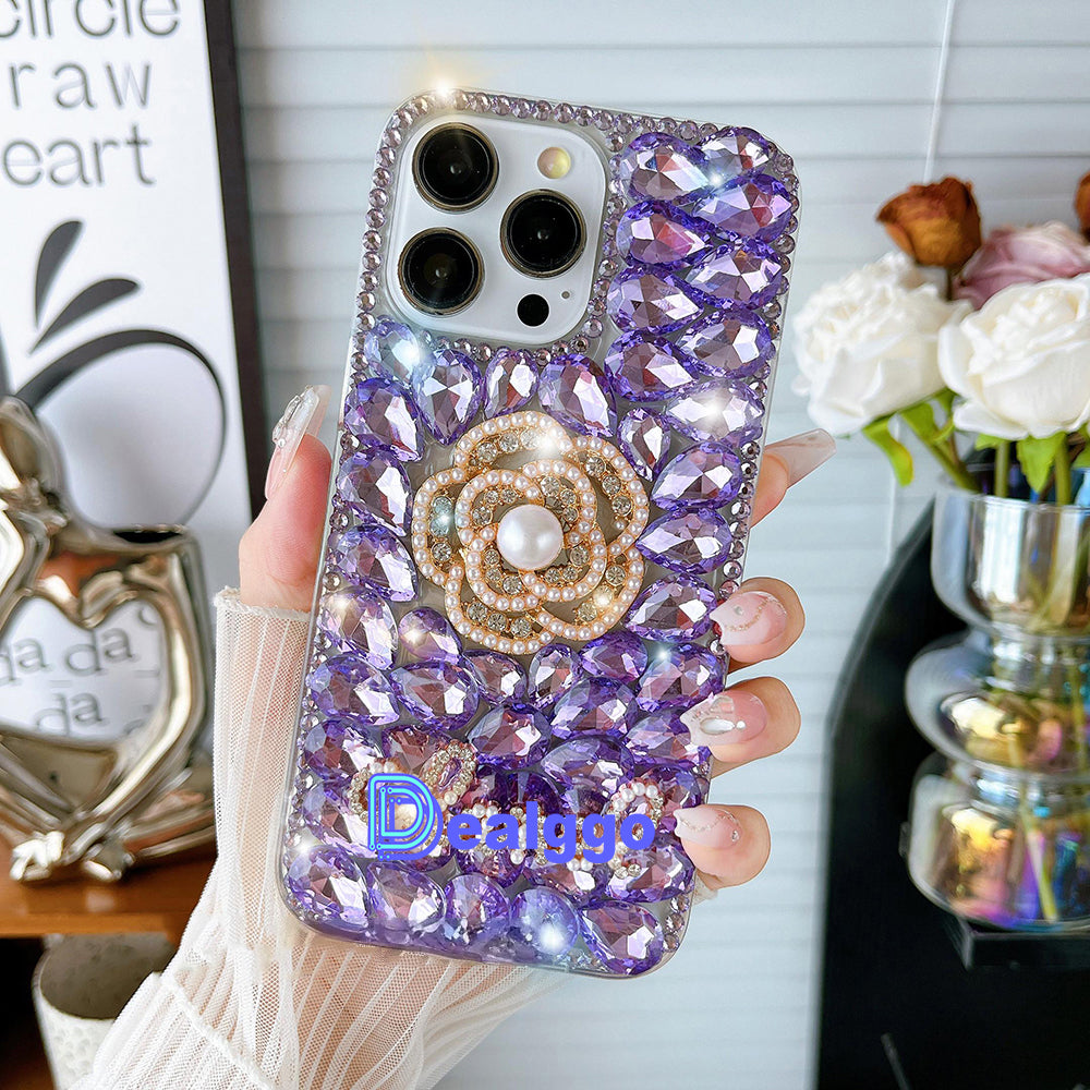 Glitter Camellia Flower Diamond Crystal Rhinestones Cover for iPhone and Samsung - Purple