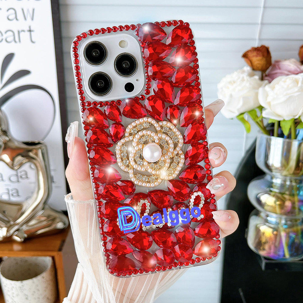 Glitter Camellia Flower Diamond Crystal Rhinestones Cover for iPhone and Samsung - Red
