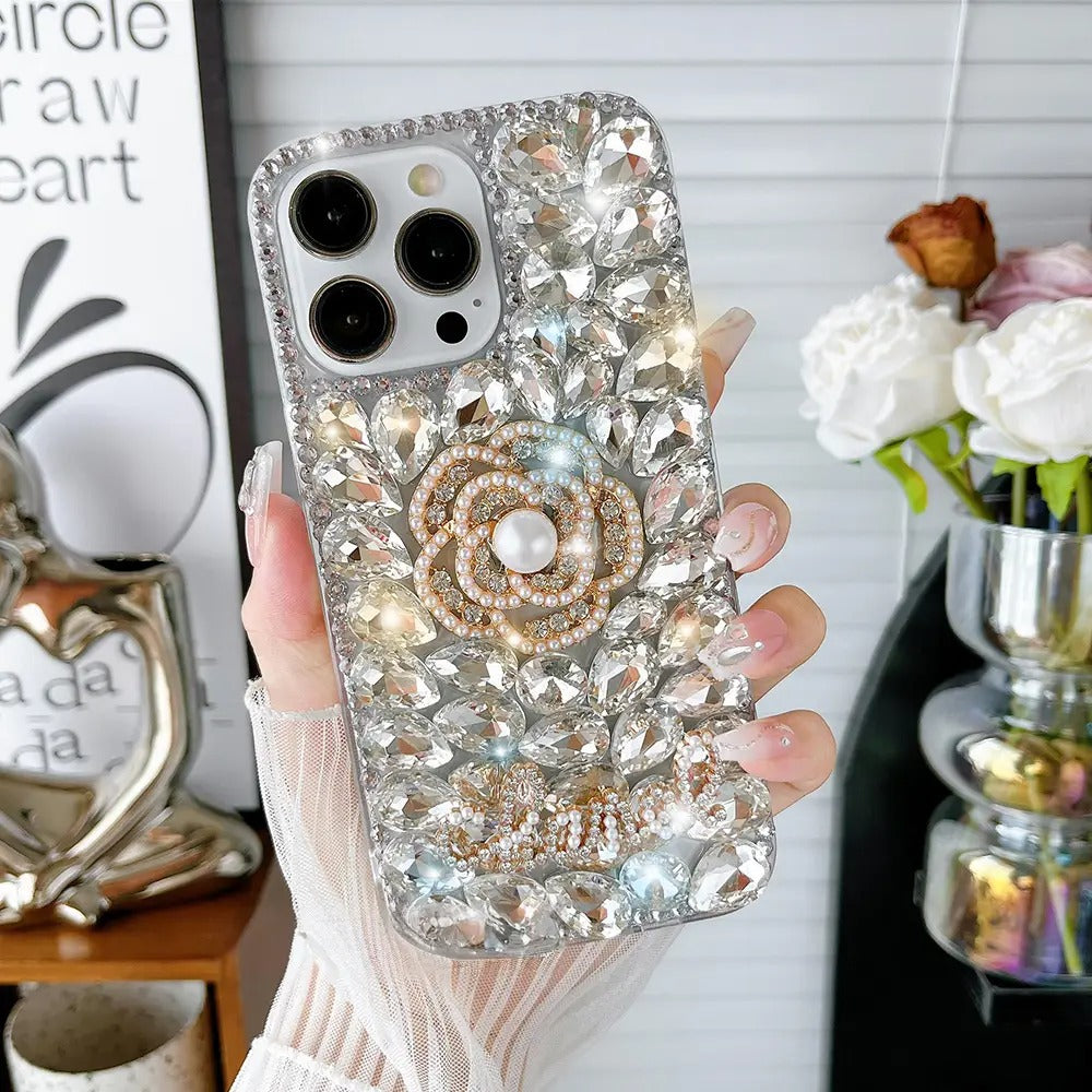 Glitter Camellia Flower Diamond Crystal Rhinestones Cover for iPhone and Samsung - White