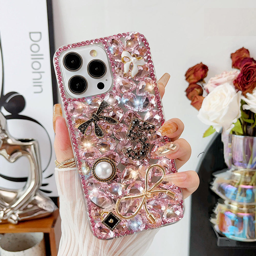 Glitter Bow Diamond Pearl Crystal Rhinestones Cover for iPhone and Samsung - Pink
