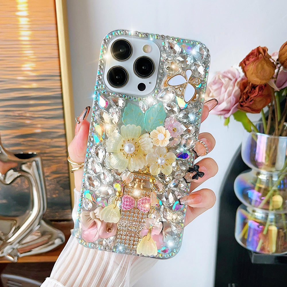 Glitter Flower Diamond Crystal Rhinestones Cover for iPhone and Samsung - Yellow