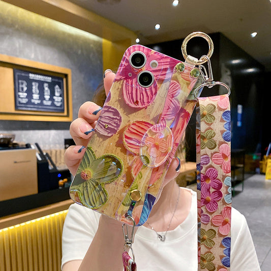 New Oil Painting Flower Wrist Holder With Lanyard iPhone Case