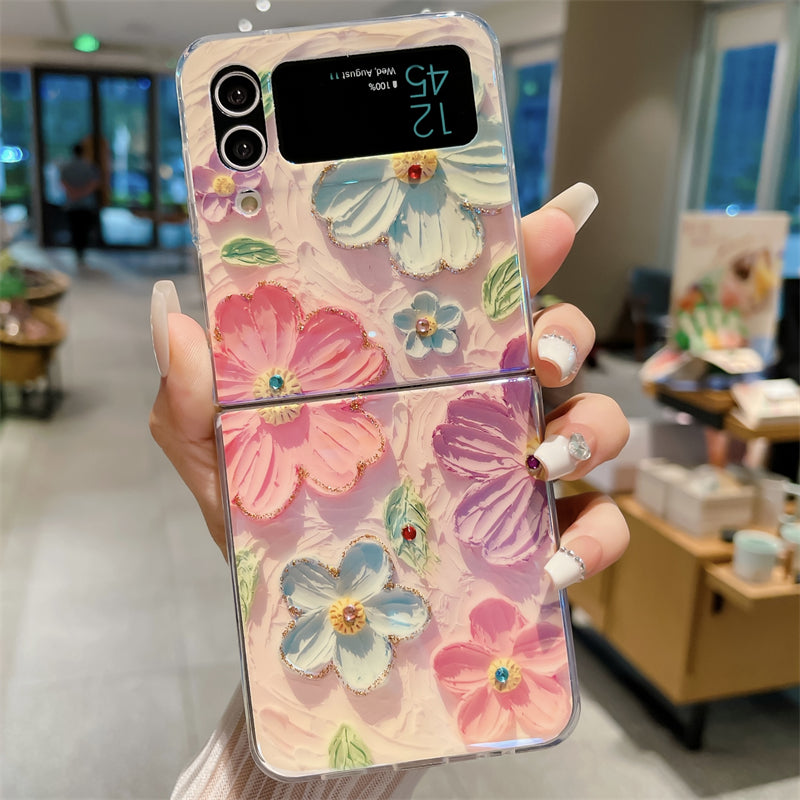 Ins Point Drilling Oil Painting Flowers For Samsung Galaxy Z Flip3/4 Folding Case