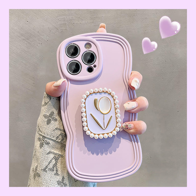 Ins Gentle Wind Pearl Flower Bracket iPhone Case
