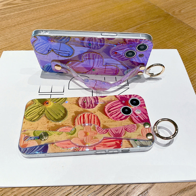 New Oil Painting Flower Wrist Holder With Lanyard iPhone Case