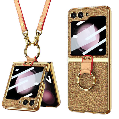Luxury Leather Back Screen Tempered Glass Hard Frame Cover For Samsung Z Flip5 With Lanyard