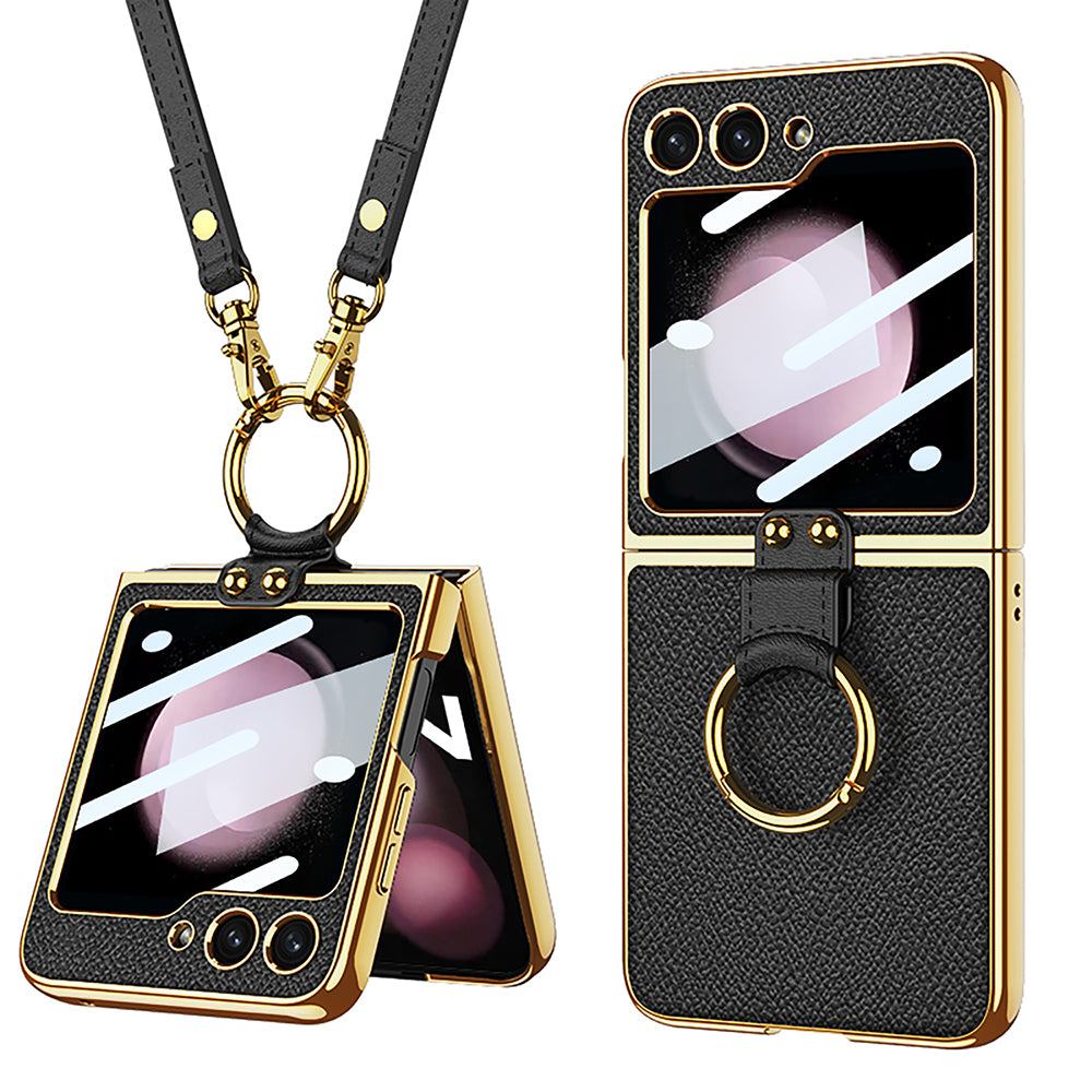 Luxury Leather Back Screen Tempered Glass Hard Frame Cover For Samsung Z Flip5 With Lanyard