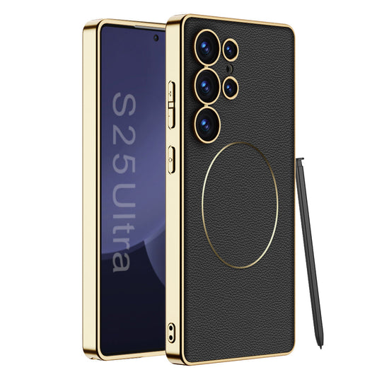 Magnetic Electroplated Gold-Frame Leather Case for Galaxy S25 Ultra