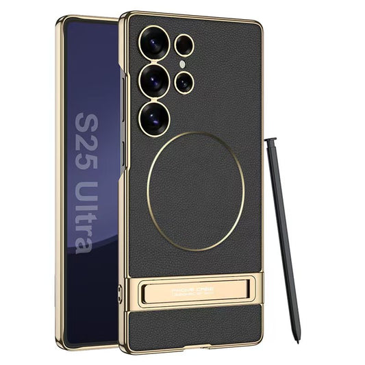 Magnetic Electroplated Leather Stand Case for Galaxy S25 Ultra