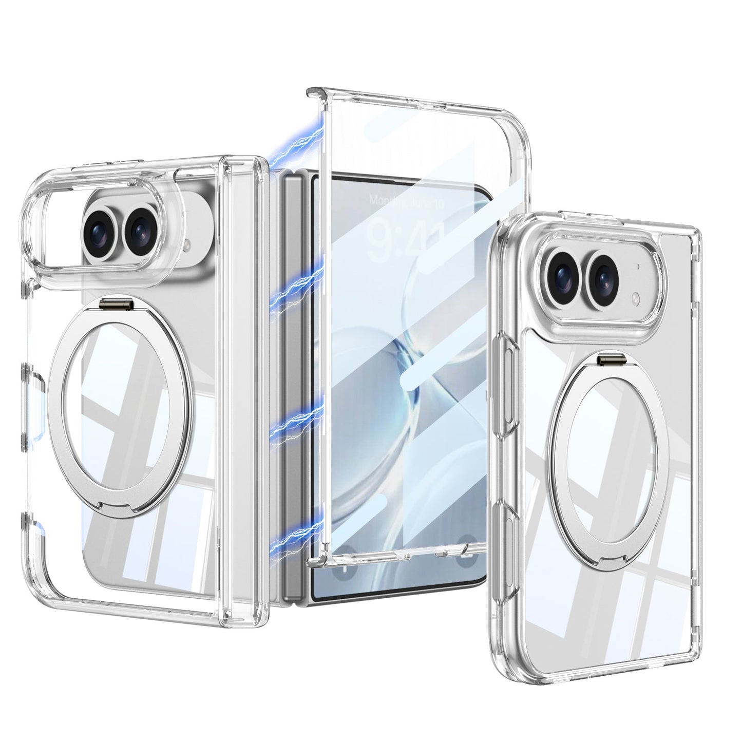 iPhone Ultra - Magnetic Hinge Protection Clear Cover Built-in Tempered Glass Film & 360° Rotatable Magnetic Ring Kickstand