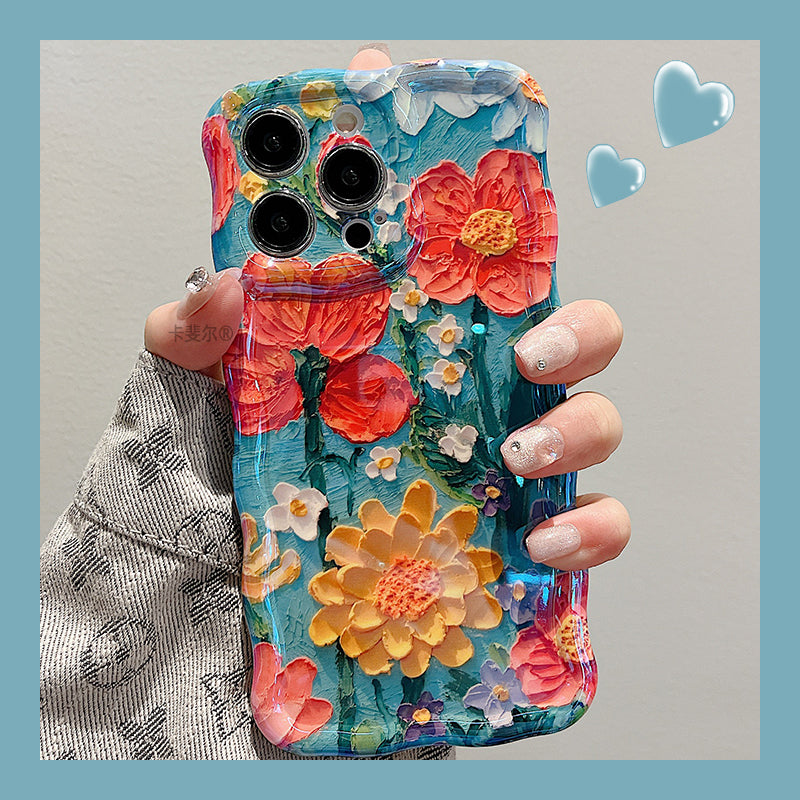 Retro Oil Painting Flowers Laser Glossy Wave Edge iPhone Cases