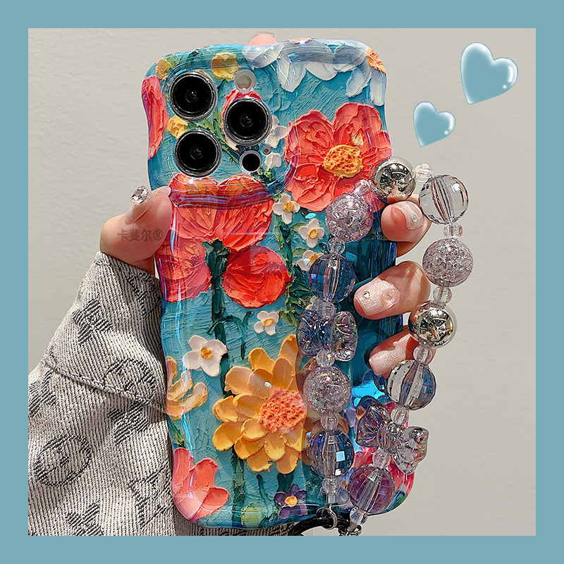 Retro Oil Painting Flowers Laser Glossy Wave Edge iPhone Cases