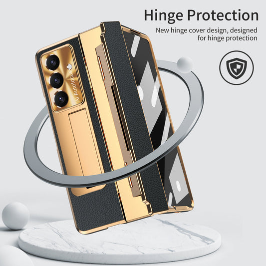 Luxury Leather Magnetic Bracket Shell Electroplated Phone Case For Galaxy Z Fold 8/7/6/5/4/3 With Back Screen Glass