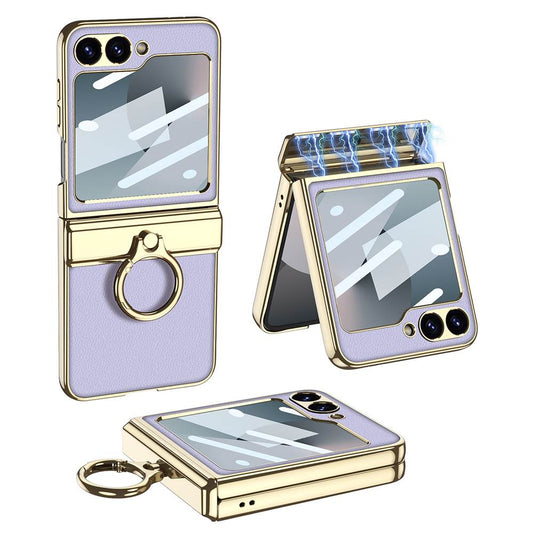Electroplated Leather Magnetic Hinge Ring Holder Case For Galaxy Z Flip6