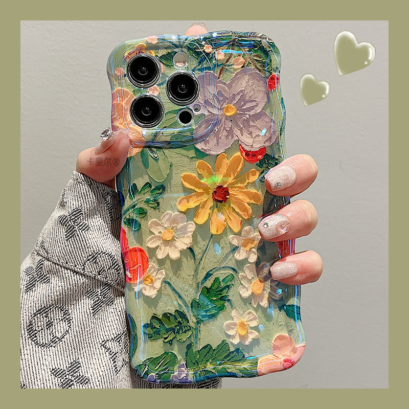 Retro Oil Painting Flowers Laser Glossy Wave Edge iPhone Cases