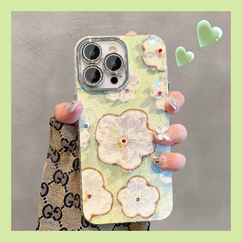 Ins Hot Oil Painting Flower iPhone Case with Lens Protector Film