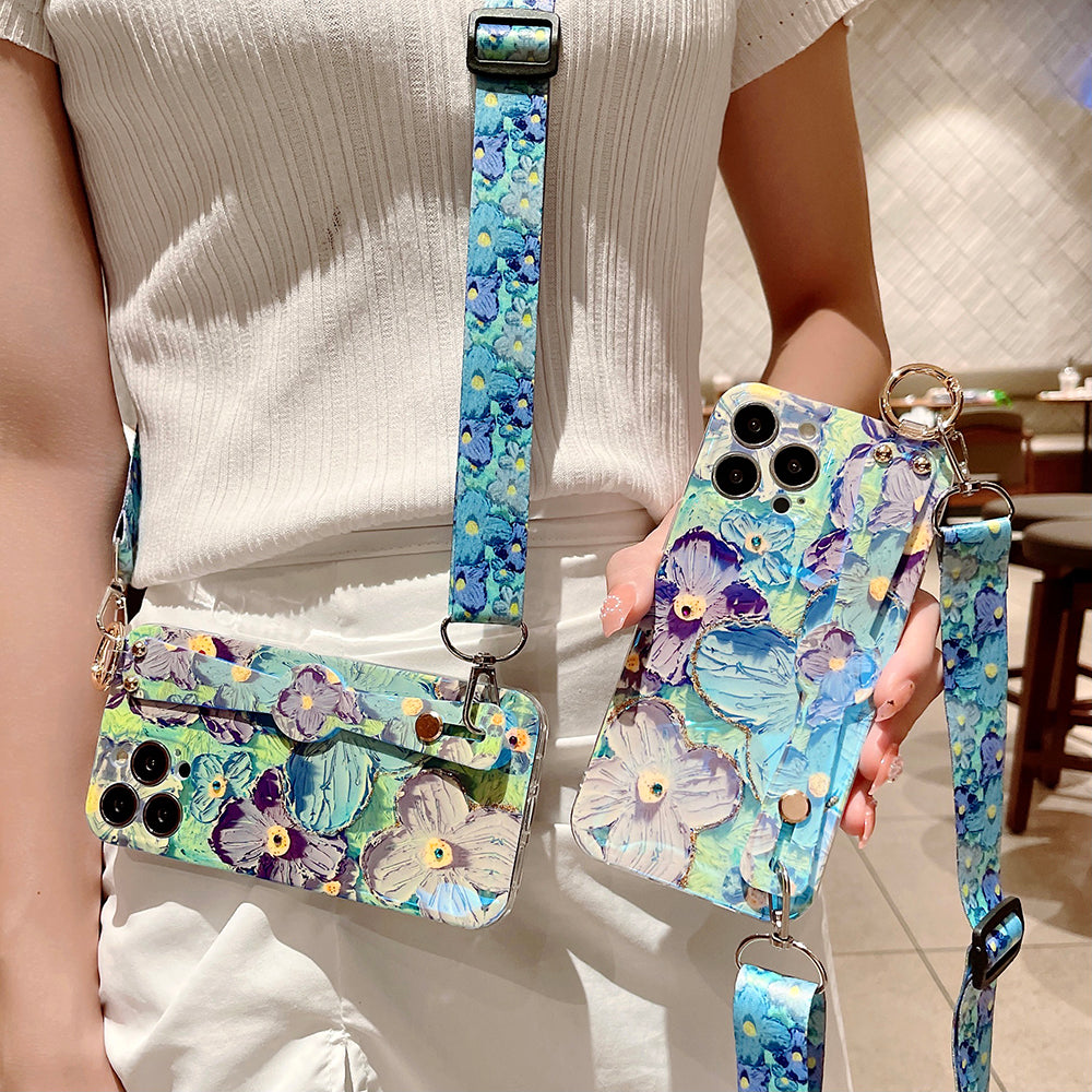 Purple Oil Painting Flower Wristband Holder with Lanyard iPhone Case