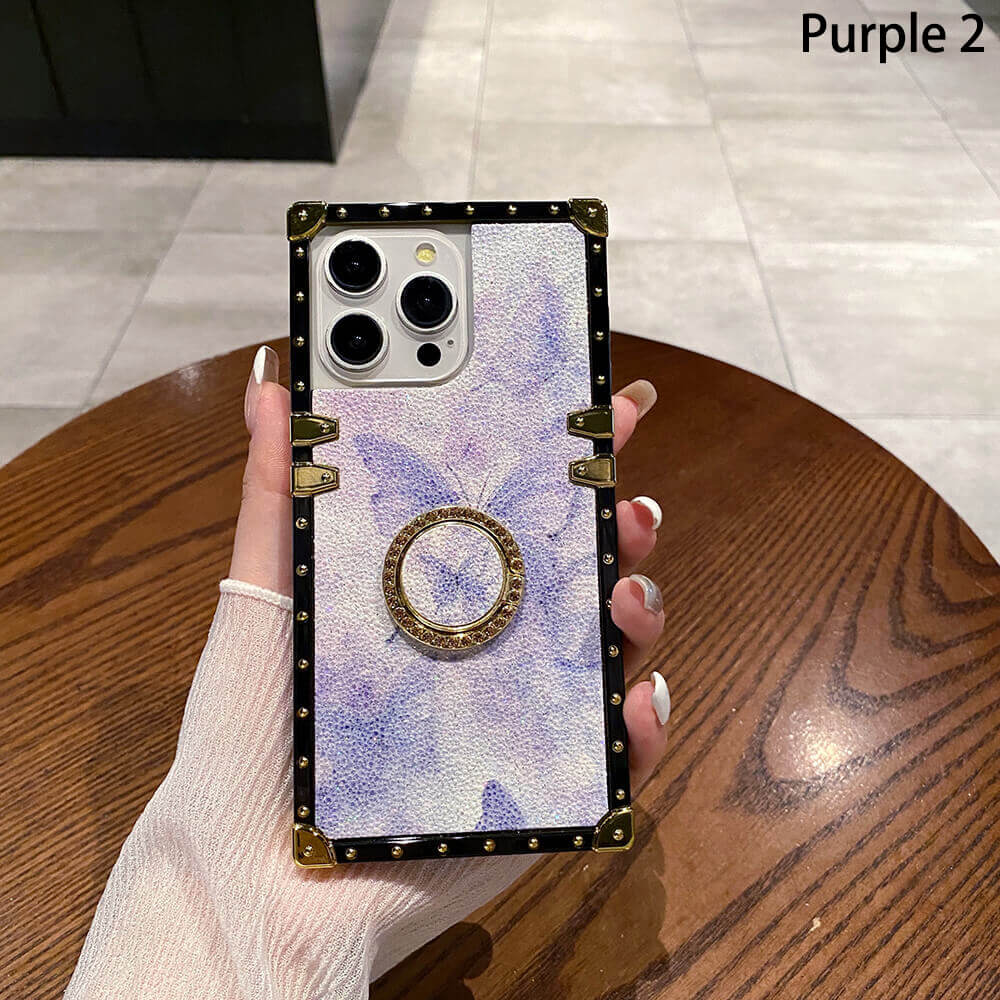 Glitter Butterfly Floral Square Shockproof Case with Ring for iPhone