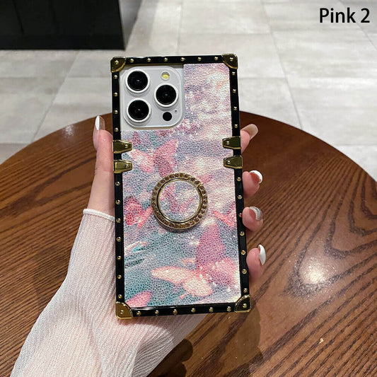 Glitter Butterfly Floral Square Shockproof Case with Ring for iPhone