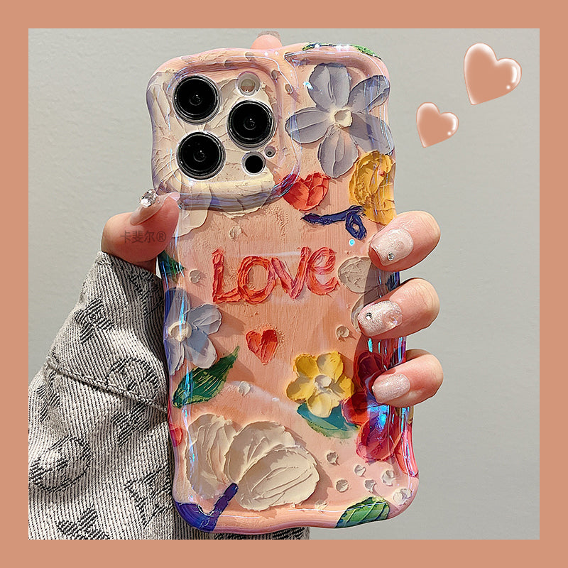 Retro Oil Painting Flowers Laser Glossy Wave Edge iPhone Cases