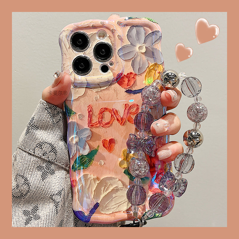 Retro Oil Painting Flowers Laser Glossy Wave Edge iPhone Cases