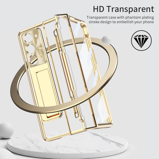 Plated Transparent Galaxy Z Fold5 Fold4 Fold3 Case with Front Screen Protector & Flat Hinge Protection & Kick-Stand - mycasety2023 Mycasety