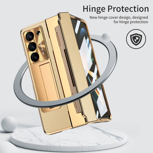 Plating Leather Galaxy Z Fold5 Fold4 Fold3 Case with Front Screen Protector & Flat Hinge Protection & Hidden Stand - mycasety2023 Mycasety