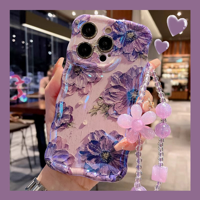 Retro Oil Painting Flowers Laser Glossy Wave Edge iPhone Cases