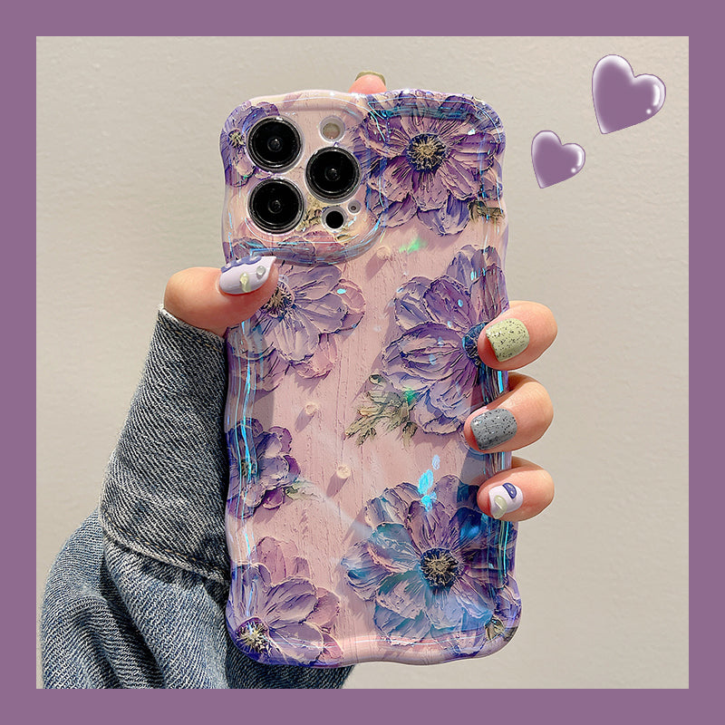 Retro Oil Painting Flowers Laser Glossy Wave Edge iPhone Cases