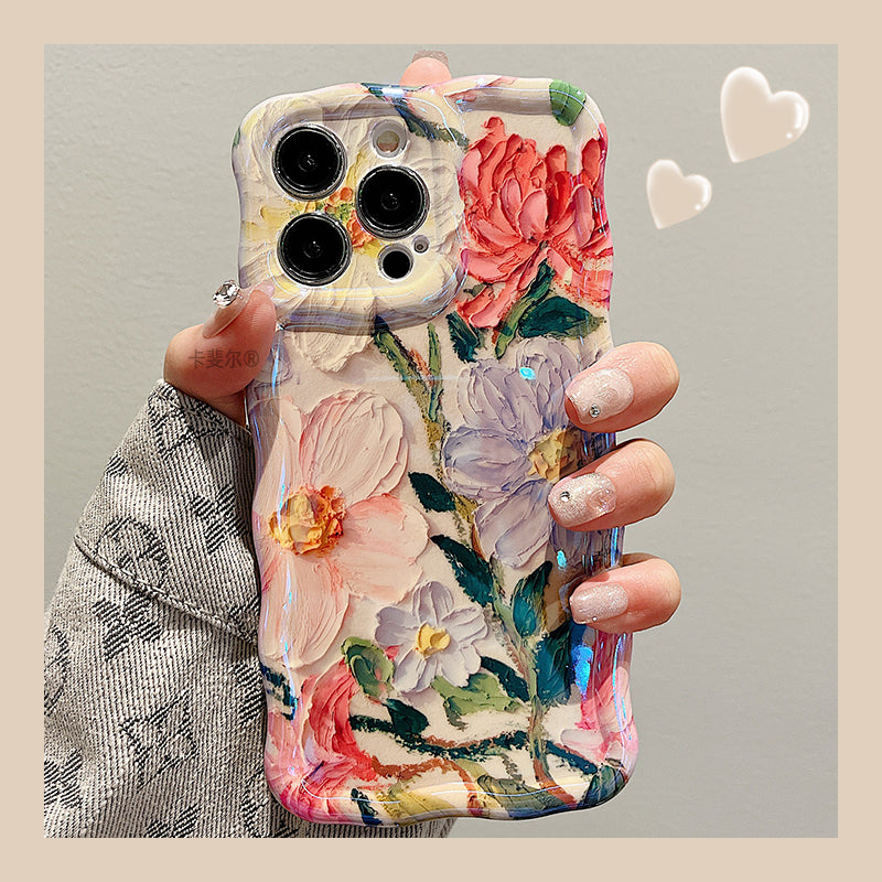 Retro Oil Painting Flowers Laser Glossy Wave Edge iPhone Cases