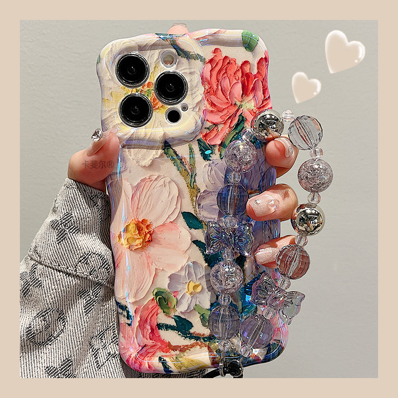 Retro Oil Painting Flowers Laser Glossy Wave Edge iPhone Cases