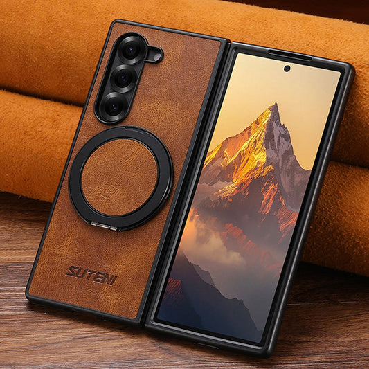 Oil-wax Leather Magnetic Wireless Charging Rotating Ring Phone Case For Samsung Galaxy Z Fold