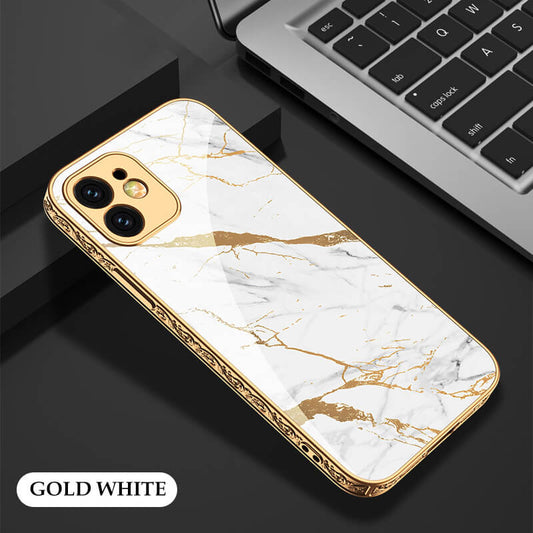 Luxury Marble Plating Gold Carving Edge Glass Case For iPhone - Dealggo.com