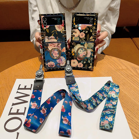 Stylish French Style Flower Ring Lanyard Phone Case for Samsung Galaxy Z Flip 3/4/5/6/7