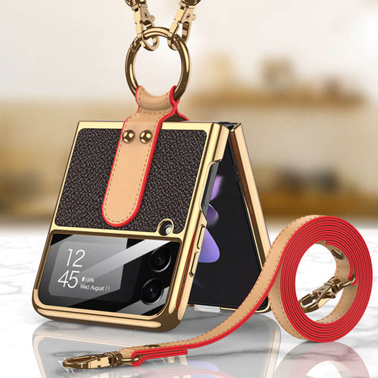 Original Leather Back Screen Tempered Glass Hard Frame Cover For Samsung Z Flip 3 5G With Lanyard - GiftJupiter