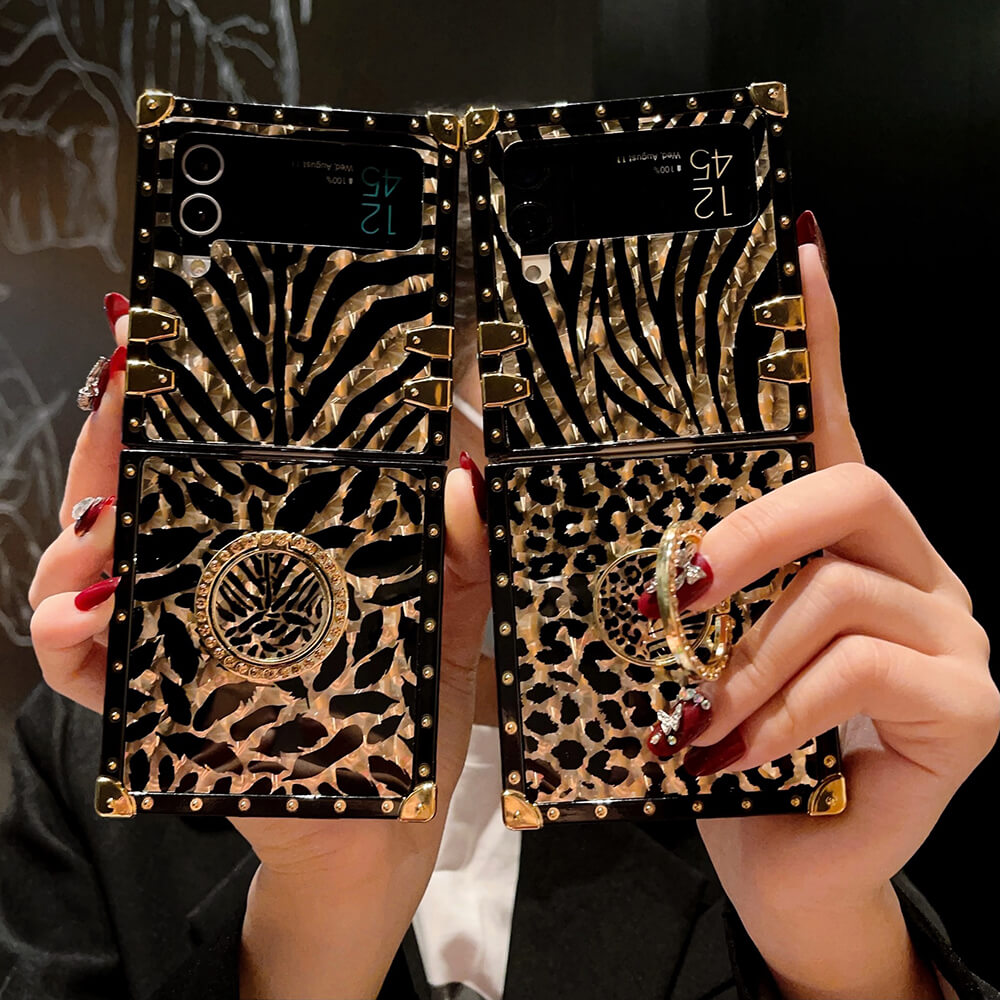 For Samsung Galaxy Z Flip 4 Flip 3 Luxury Leopard Shockproof Square Case W/  Ring