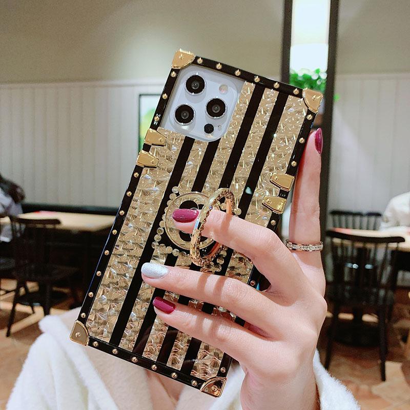 2021 Luxury Brand Black Rose Flower Stripe Glitter Gold Square Case For iPhone - Dealggo.com