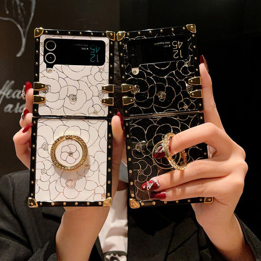 Luxury Brand Camellia Gold Plating Square Case For Samsung Galaxy Z Flip 3/4/5/6/7