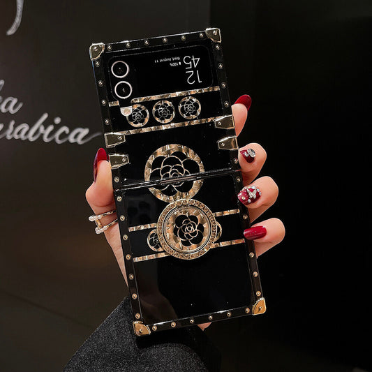 Luxury Brand Black Rose Flower Stripe Glitter Gold Lanyard for Samsung Galaxy Z Flip 3/4/5/6/7