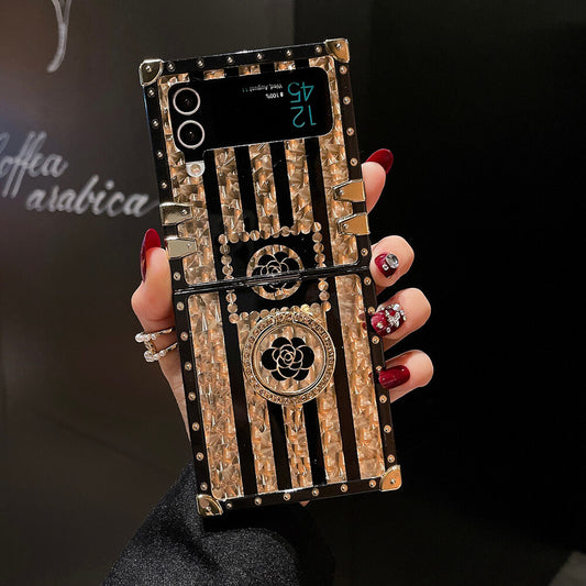Luxury Brand Black Rose Flower Stripe Glitter Gold Lanyard for Samsung Galaxy Z Flip 3/4/5