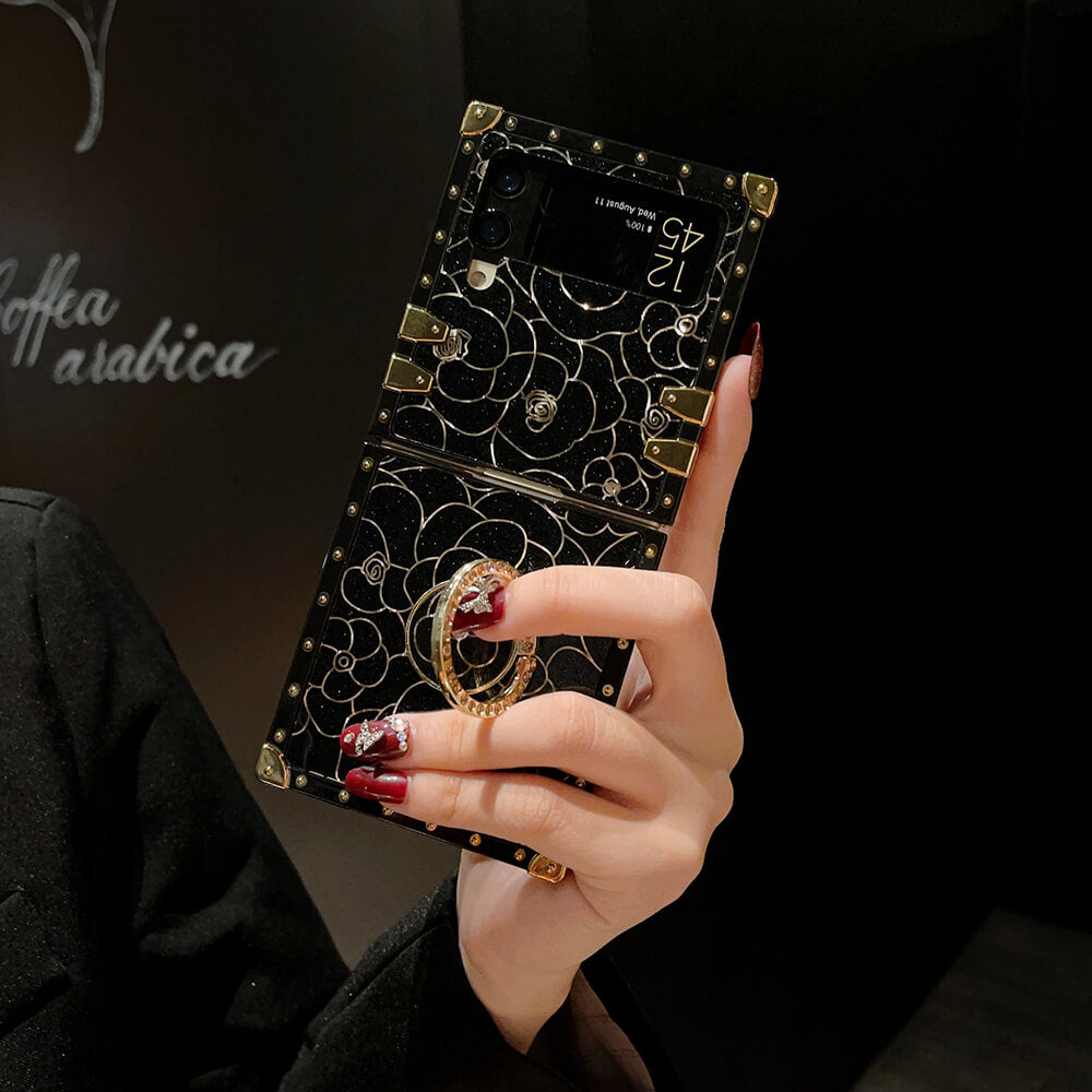 Luxury Brand Camellia Gold Plating Square Case For Samsung Galaxy Z Flip4 Flip3 5G