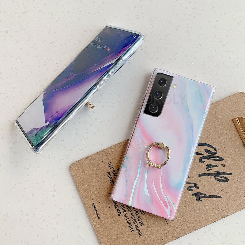 2021 Laser Marble Pattern Ring Holder Protective Cover For Samsung S21 S20 S10 A72 A52 A42 A32